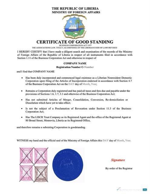 Download Liberia certificate of good standing Word and PDF template Photoshop template